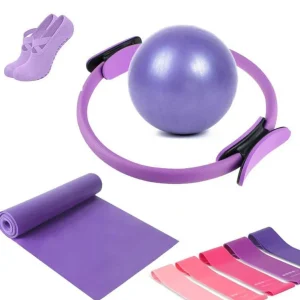 9-delt Pilates-sett hjemmet med ring, ball, bånd og sklisikre sokker