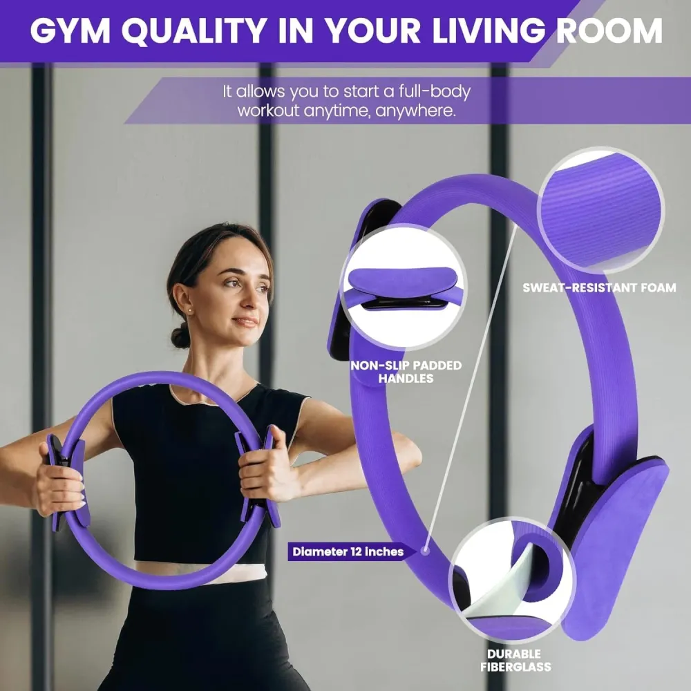 9-delt Pilates-sett hjemmet med ring, ball, bånd og sklisikre sokker