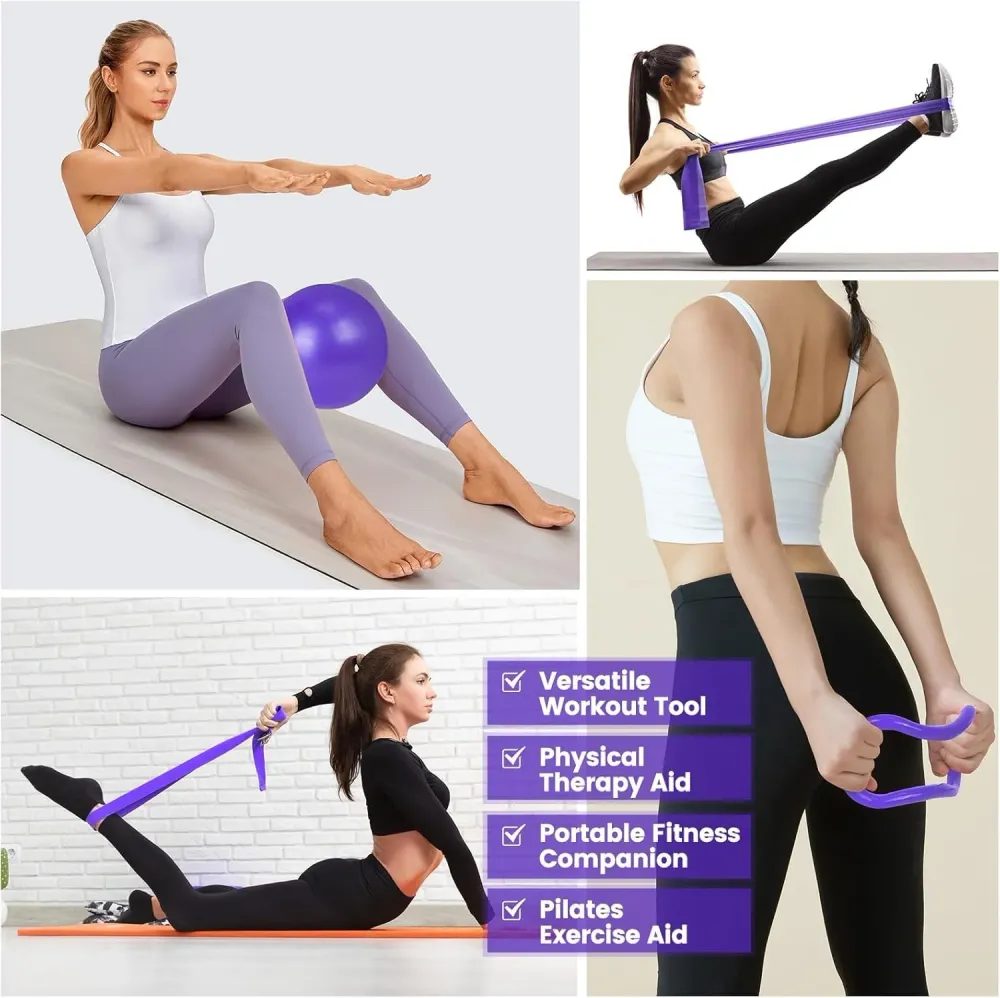 9-delt Pilates-sett hjemmet med ring, ball, bånd og sklisikre sokker