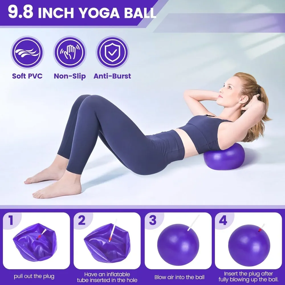 9-delt Pilates-sett hjemmet med ring, ball, bånd og sklisikre sokker