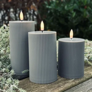 LED utendørs Bloklys med riller - Sett av 3 stk - Grå