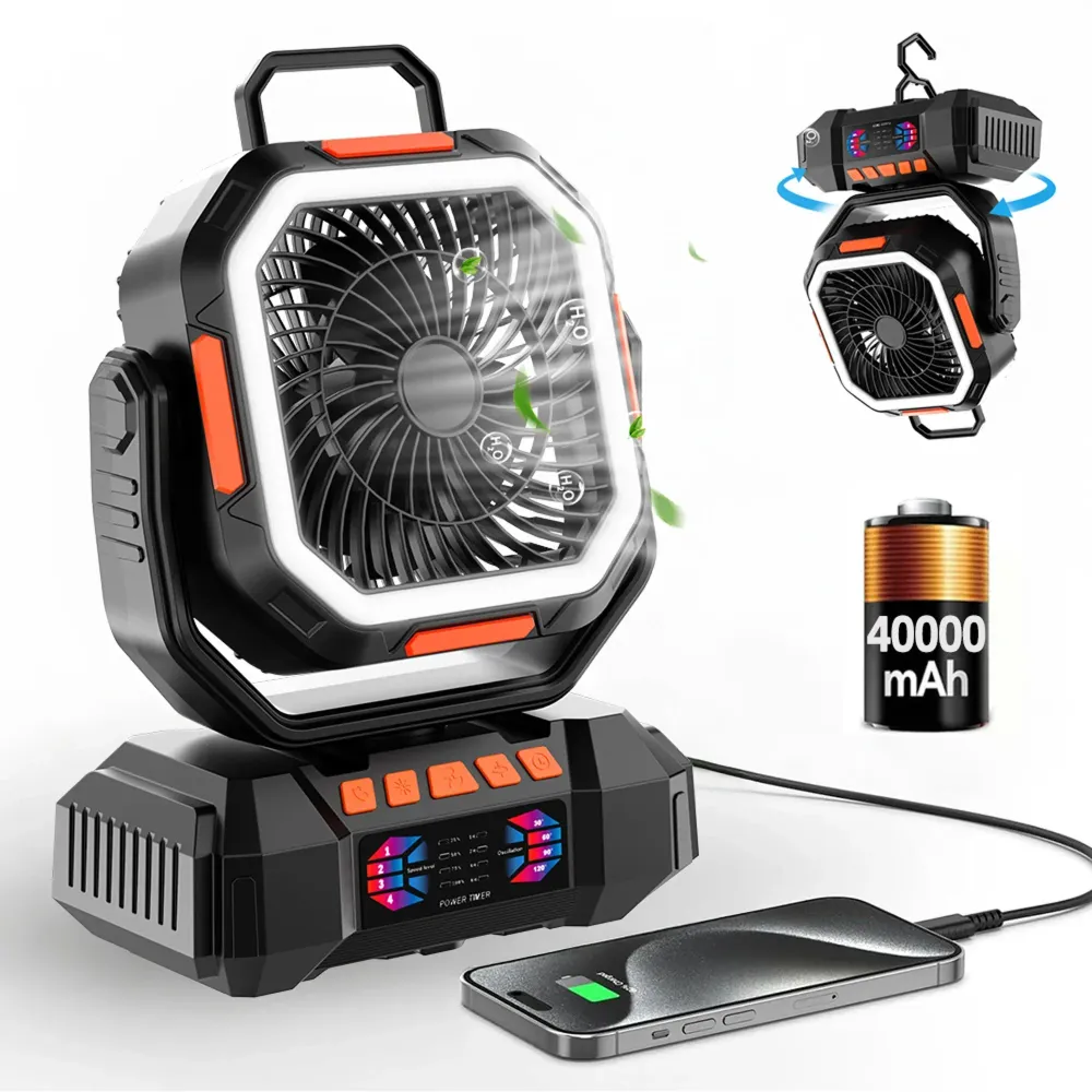 Oppladbar campingvifte med 40000mAh batteri og LED-lampe – F22