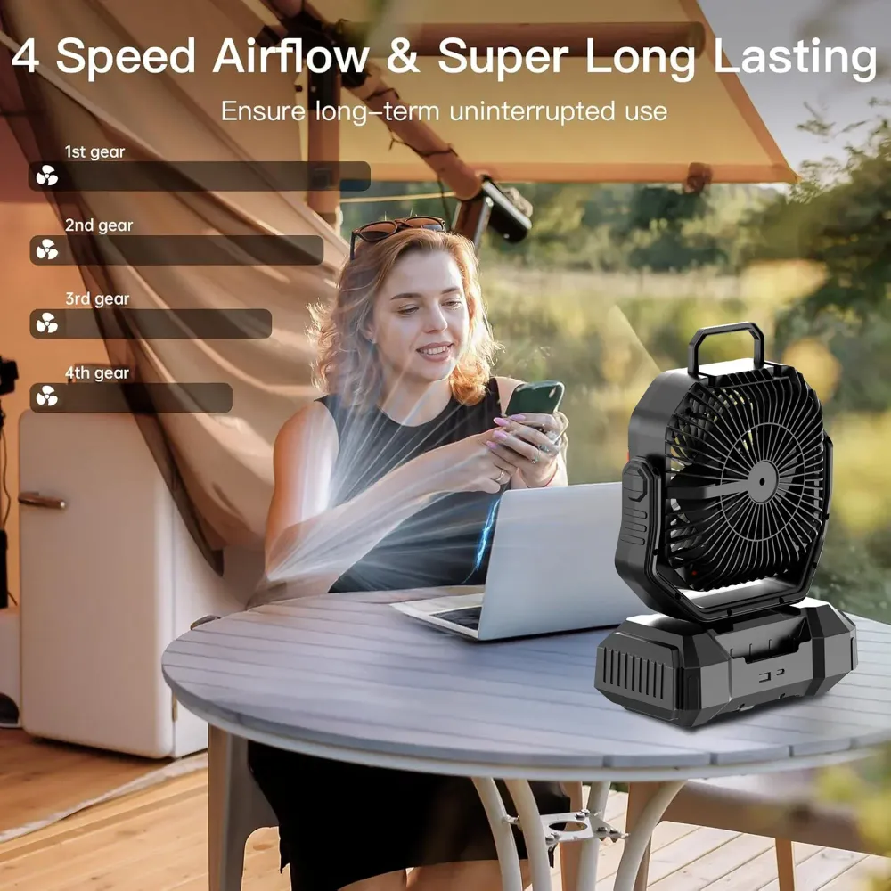 Oppladbar campingvifte med 40000mAh batteri og LED-lampe – F22