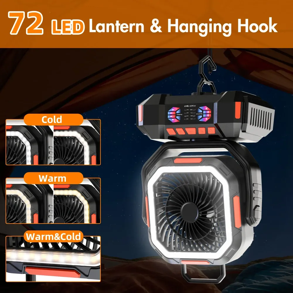 Oppladbar campingvifte med 40000mAh batteri og LED-lampe – F22