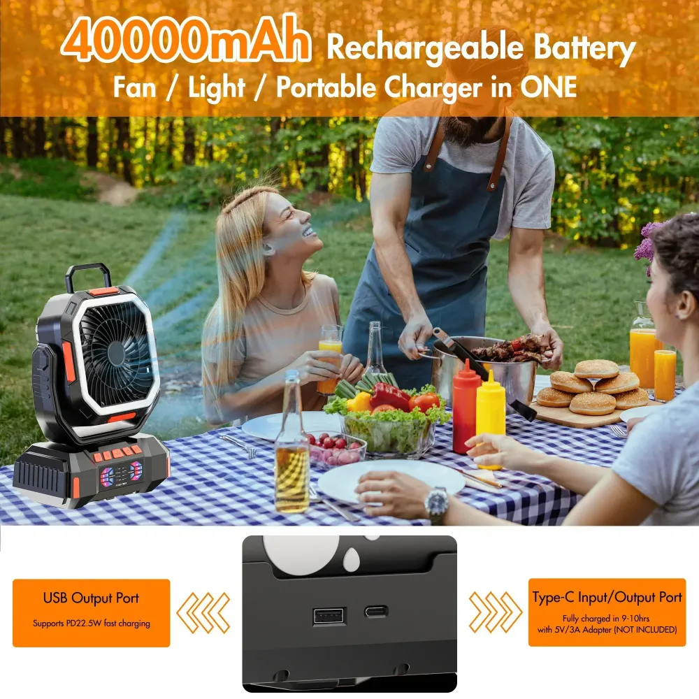 Oppladbar campingvifte med 40000mAh batteri og LED-lampe – F22