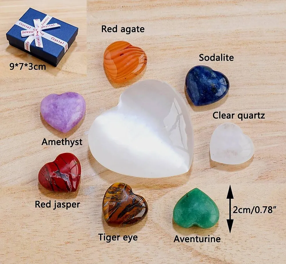 Chakra Heart Sett m/ 50mm Clear Quartz Heart + 7 pcs 20mm Chakra Hearts