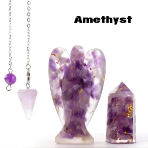 Nye 3 pcs Krystallsett ( Pendel, Engel , Tårnkrystall ), Resin & Ametyst