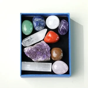 Nytt Chakra Sett med m/ Ametyst Cluster + 7 pcs 20mm Chakra tromlede stener , Selenite, Clear Quartz Point