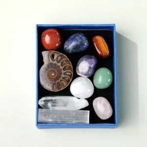 Nytt Chakra Sett med m/ Fossil sten; + 7 pcs 20mm Chakra tromlede stener , Selenite, Clear Quartz Point
