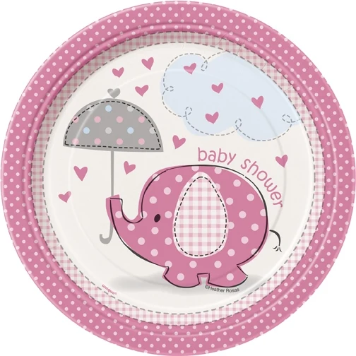 Babyshower elefanttrykk, 8 engangsfat, små rosa/jente