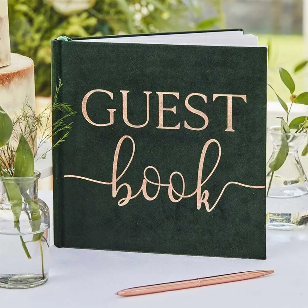 Botanical Wedding Gjestebok i Grønn Fløyel