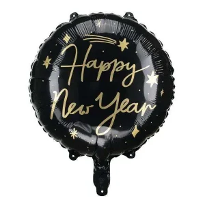 Folieballong -Happy New Year- Gull og svart