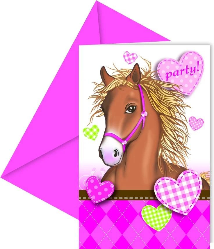 Hest rosa invitasjoner med konvolutter, 6 stk