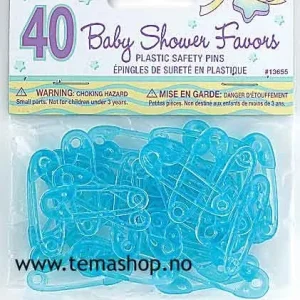 Pakke med 40 stk blå babypin/sikkerhetsnål i plast