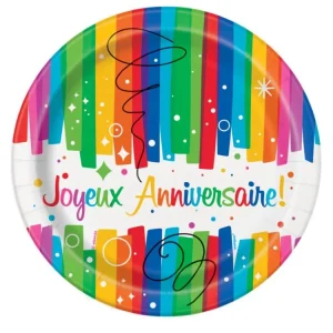 Papptallerken Joyeux Anniversaire –Regnbuebånd-, pk/8