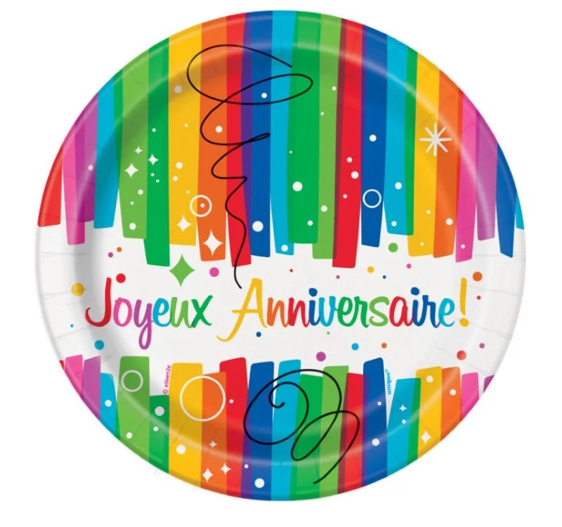 Papptallerken Joyeux Anniversaire –Regnbuebånd-, pk/8