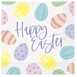 Påskeservietter dekorert med fargerike egg og teksten Happy Easter, pk/16
