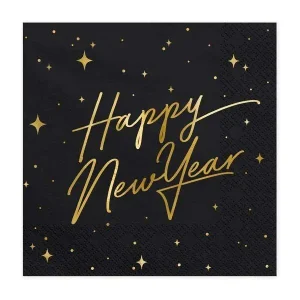 Servietter Gull og svart -Happy New-Year- pk/20