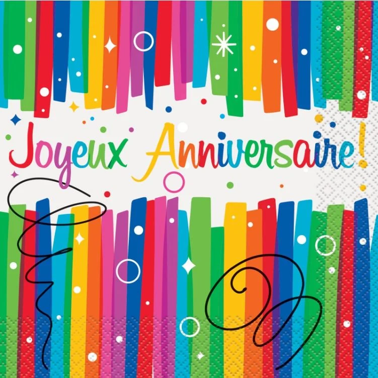 Servietter Joyeux Anniversaire –Regnbuebånd-, pk/16