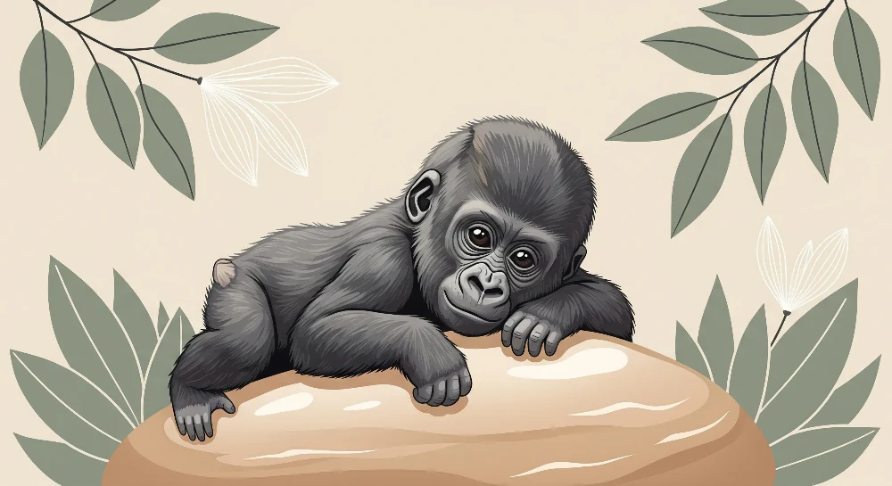 Babyroms tapet | Babygorilla på en stein med tropisk løvverk