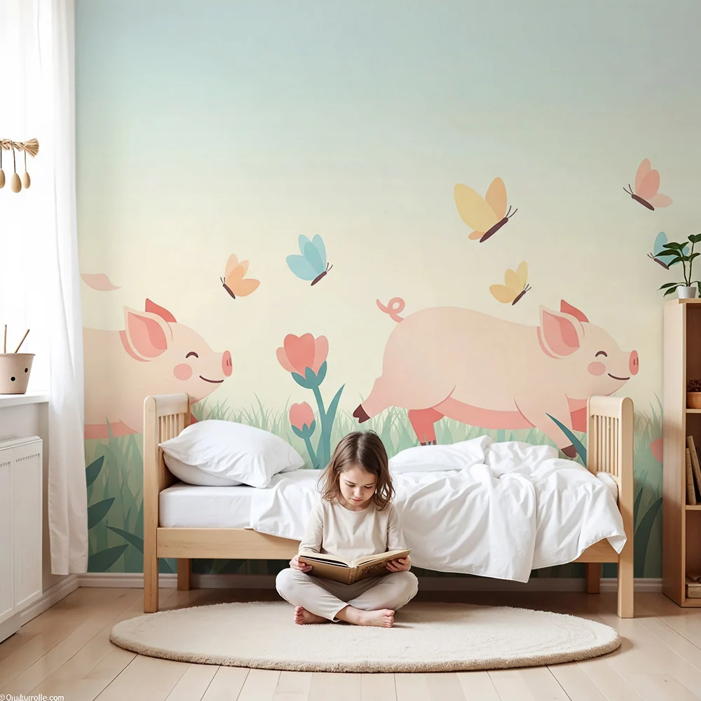 Babyromspapir | Glade smågriser i blomstereng