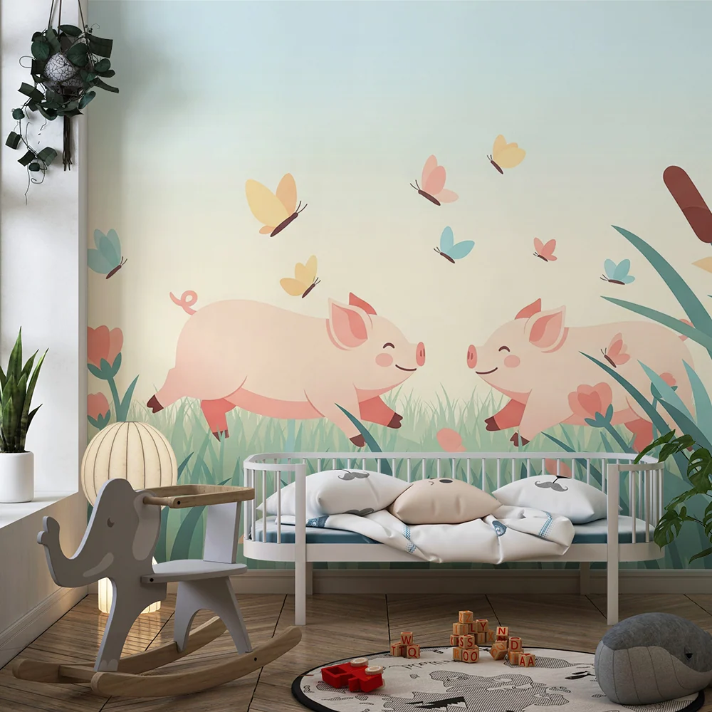 Babyromspapir | Glade smågriser i blomstereng