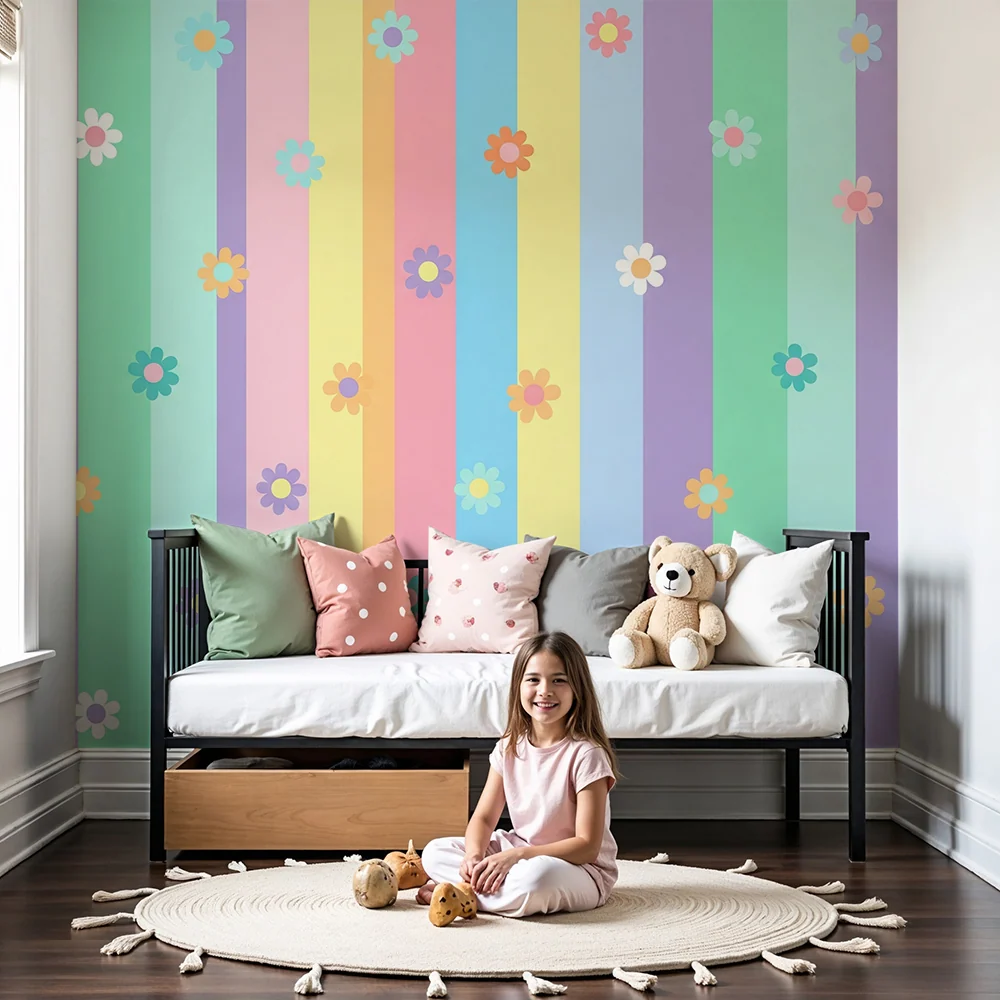Babyromspapir | Pastellstriper med fargerike blomster