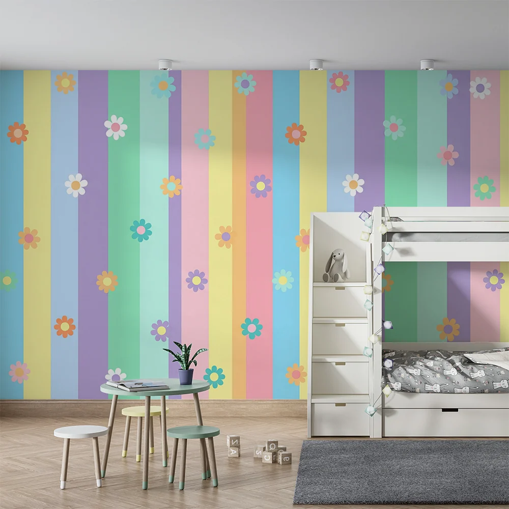 Babyromspapir | Pastellstriper med fargerike blomster