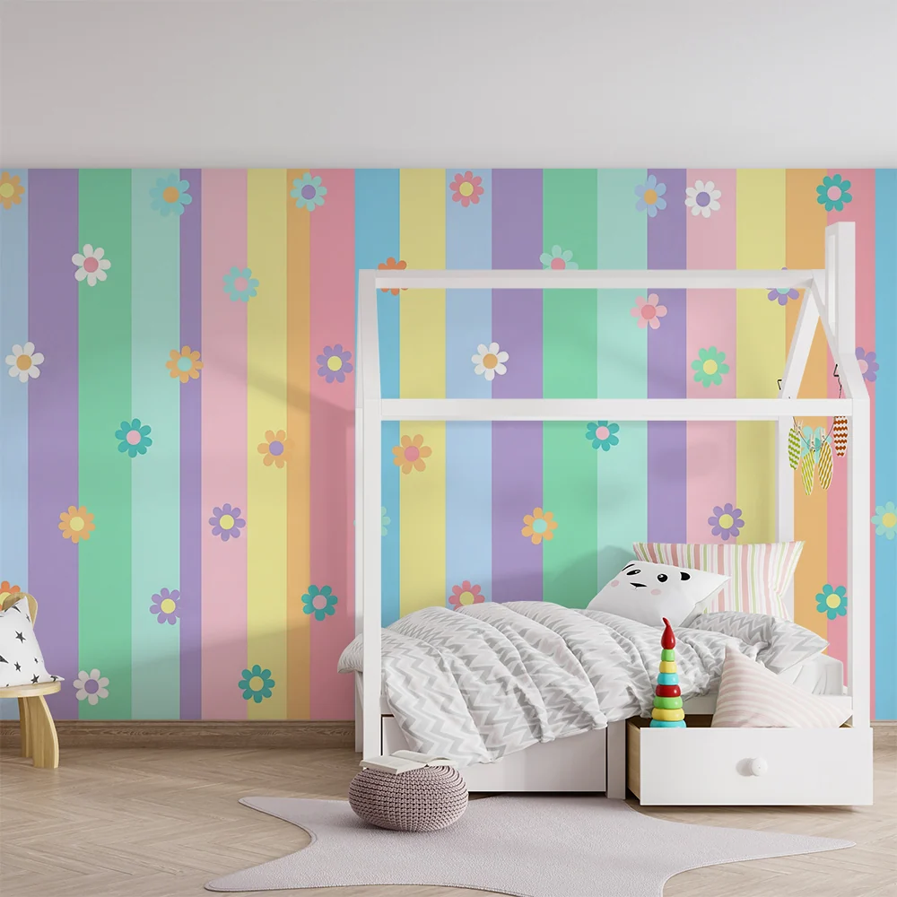 Babyromspapir | Pastellstriper med fargerike blomster