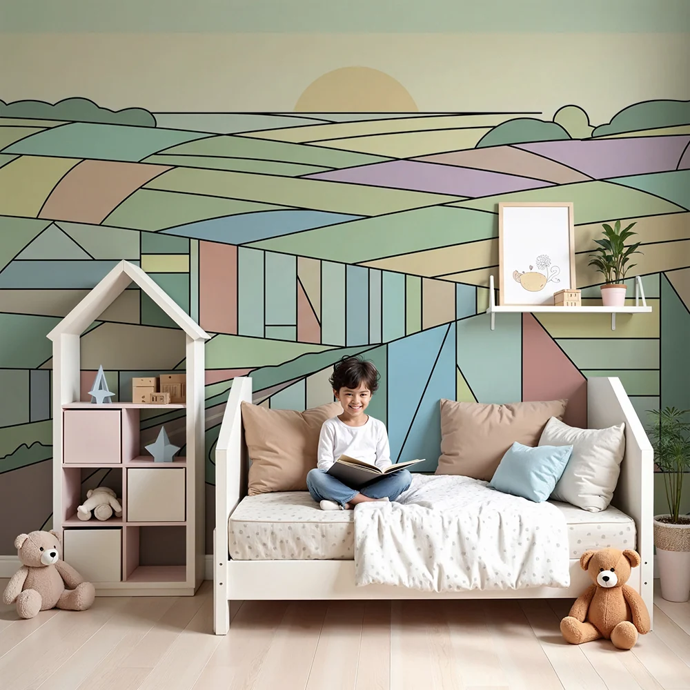 Barnetapet barnerom | Pastellfarget geometrisk landskap med svingete vei