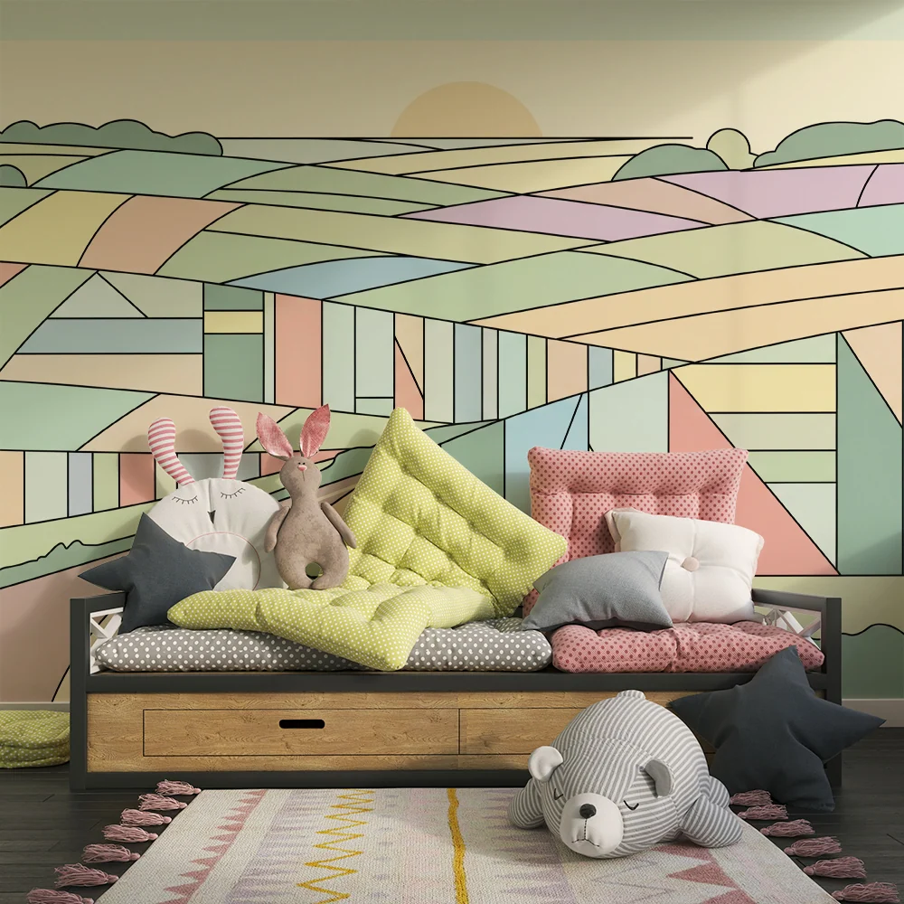 Barnetapet barnerom | Pastellfarget geometrisk landskap med svingete vei