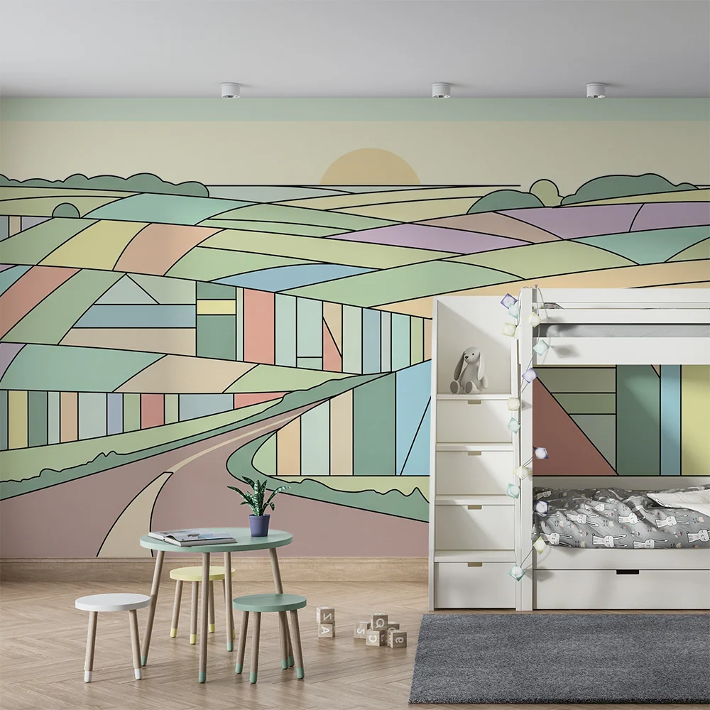Barnetapet barnerom | Pastellfarget geometrisk landskap med svingete vei