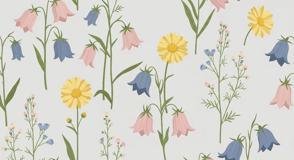 Barnetapet | Blomster i lyse pastellfarger på lys bakgrunn