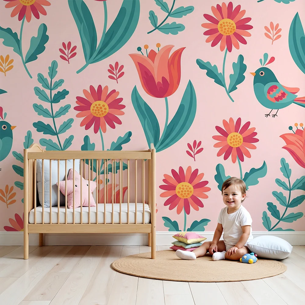 Barnetapet | Fargerike blomster og glade fugler på rosa bakgrunn