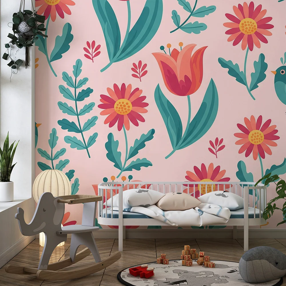 Barnetapet | Fargerike blomster og glade fugler på rosa bakgrunn