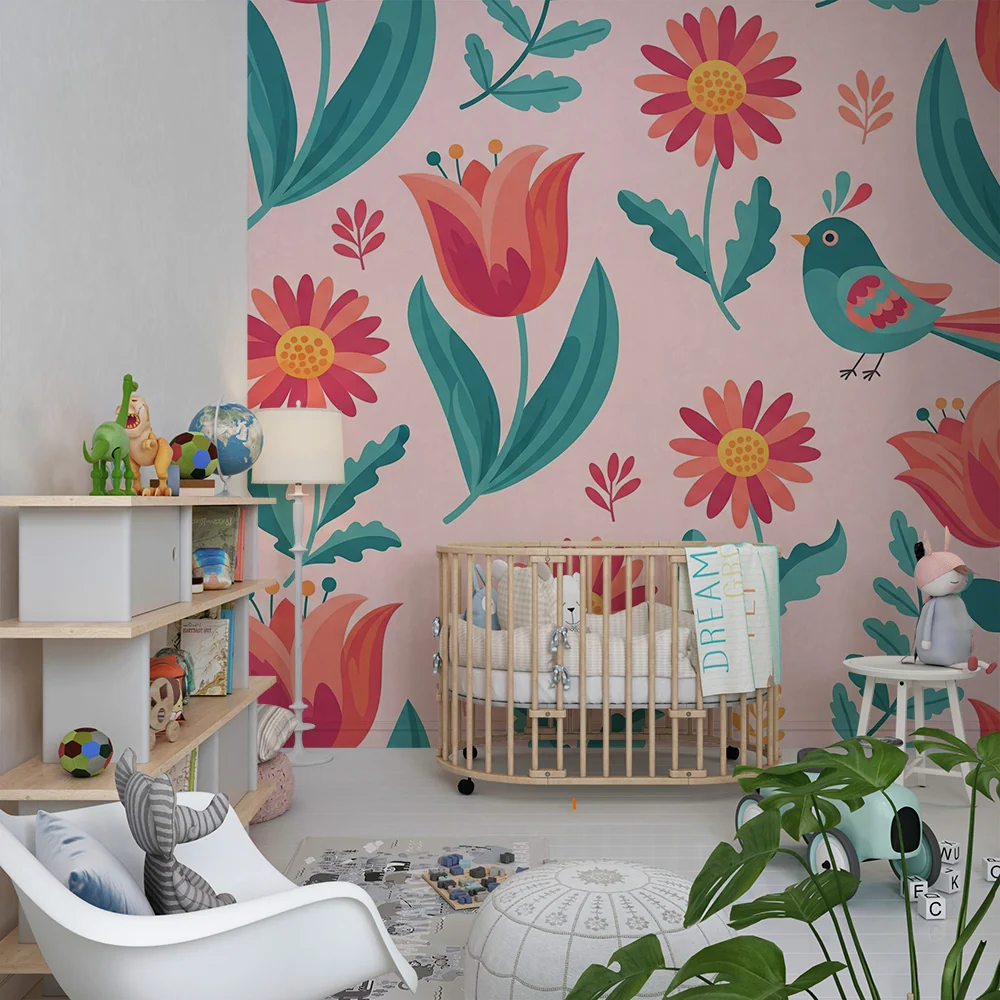 Barnetapet | Fargerike blomster og glade fugler på rosa bakgrunn