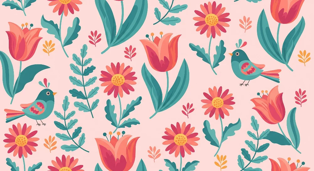 Barnetapet | Fargerike blomster og glade fugler på rosa bakgrunn