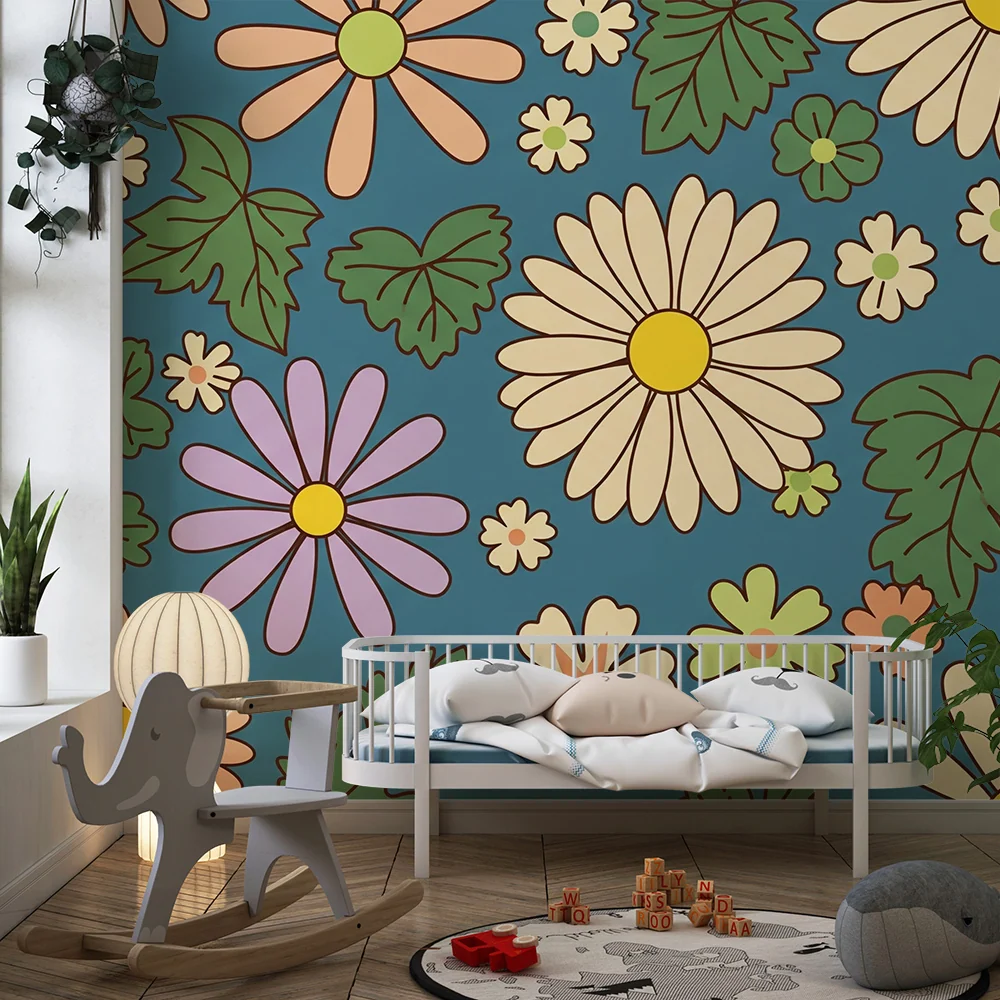 Barnetapet | Fargerike blomster og løvverk på blå bakgrunn