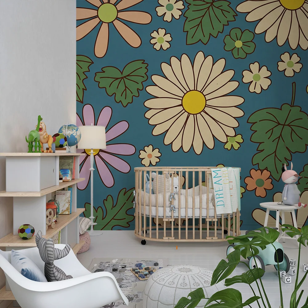 Barnetapet | Fargerike blomster og løvverk på blå bakgrunn