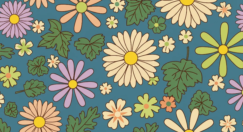 Barnetapet | Fargerike blomster og løvverk på blå bakgrunn
