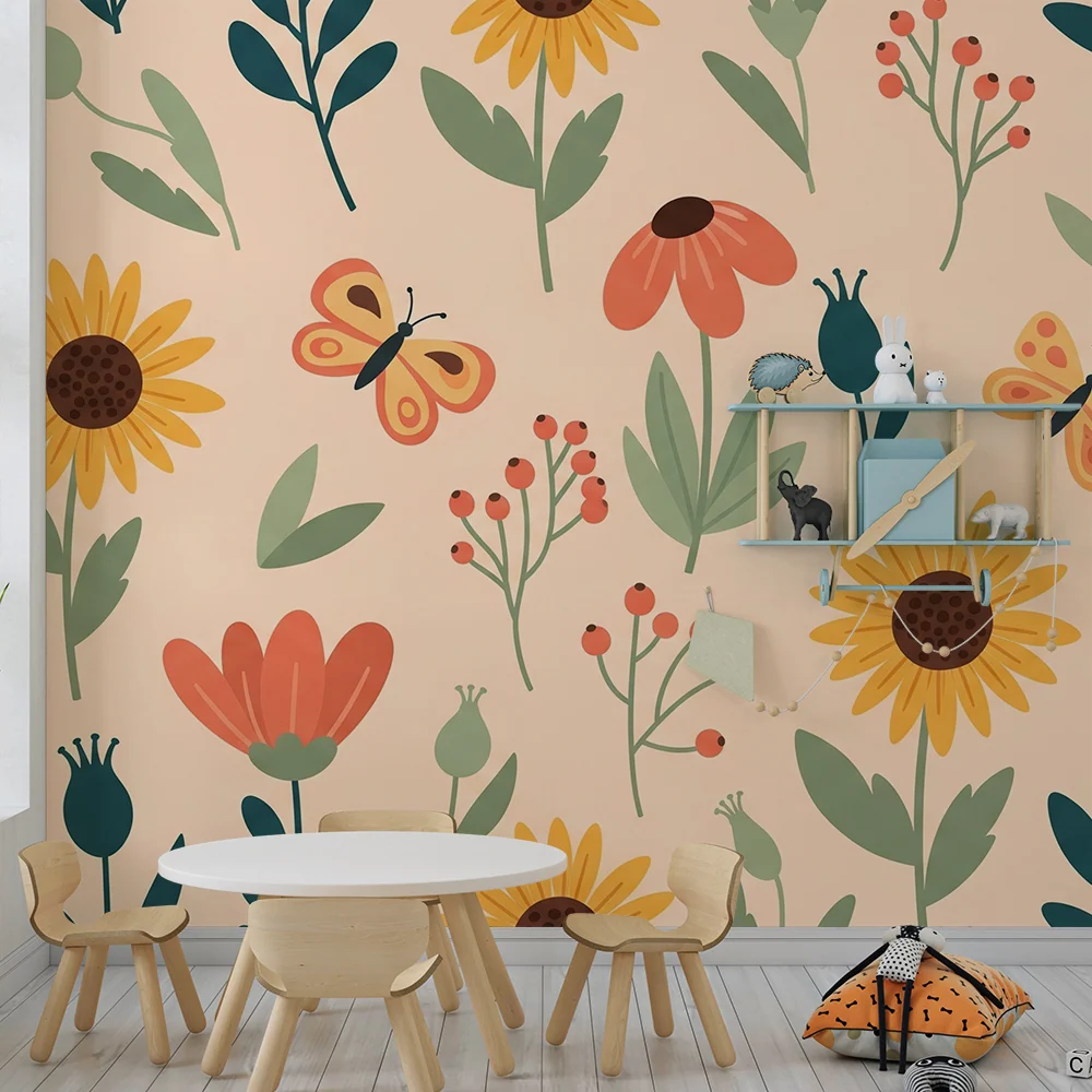 Barnetapet | Fargerike blomster og sommerfugler i en solfylt hage