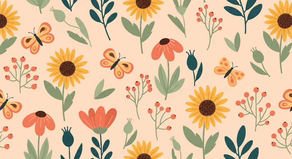 Barnetapet | Fargerike blomster og sommerfugler i en solfylt hage