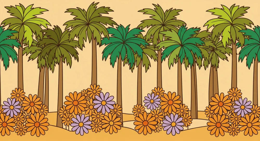 Barnetapet | Fargerike palmer og blomster på myk bakgrunn