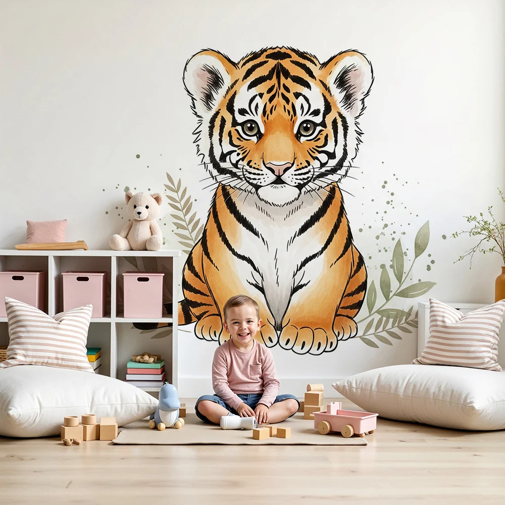 Barnetapet | Søt liten tiger omgitt av tropisk løvverk