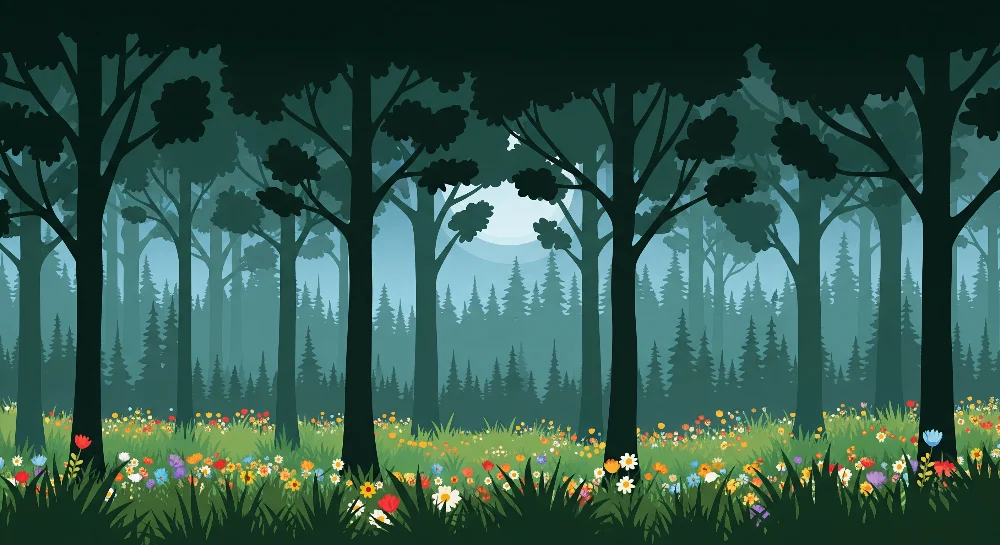 Barnetapet | Magisk skog med fargerike blomster og majestetiske trær