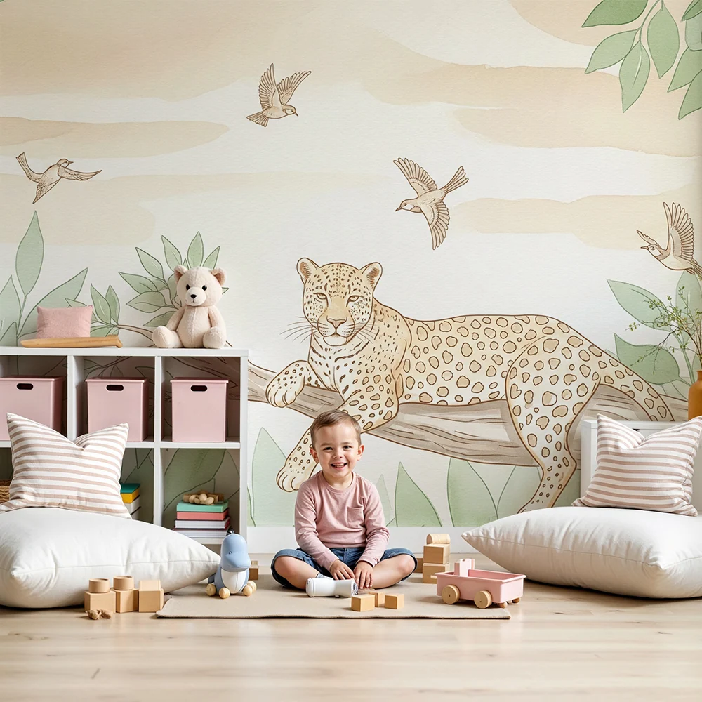 Barnetapet | Majestetlig leopard og fugler i flukt i en rolig jungel