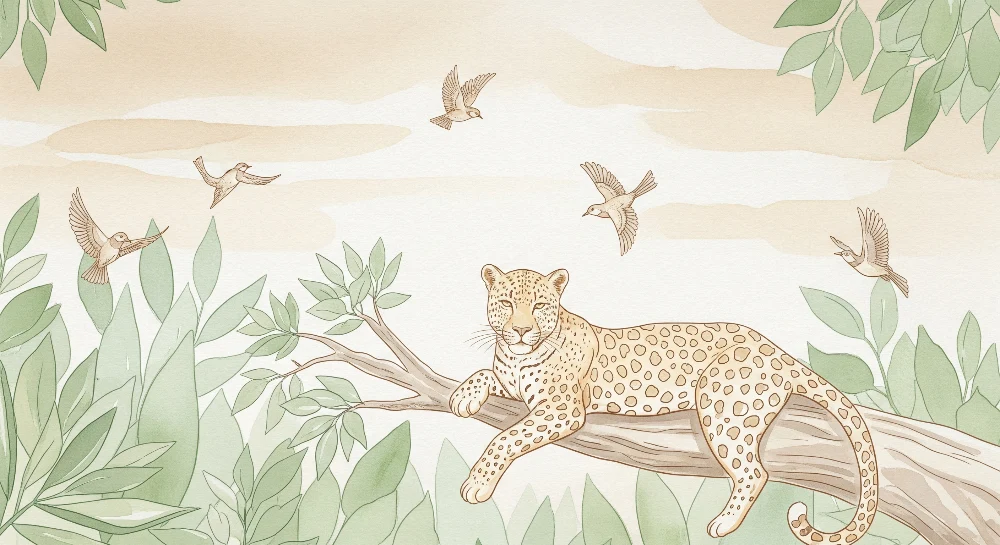 Barnetapet | Majestetlig leopard og fugler i flukt i en rolig jungel