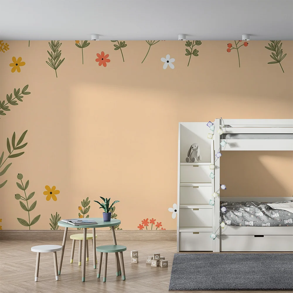 Barnetapet med blomster | Blomster på lys rosa bakgrunn