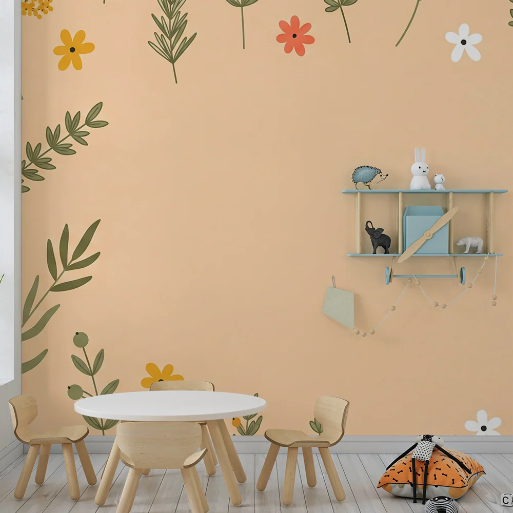 Barnetapet med blomster | Blomster på lys rosa bakgrunn