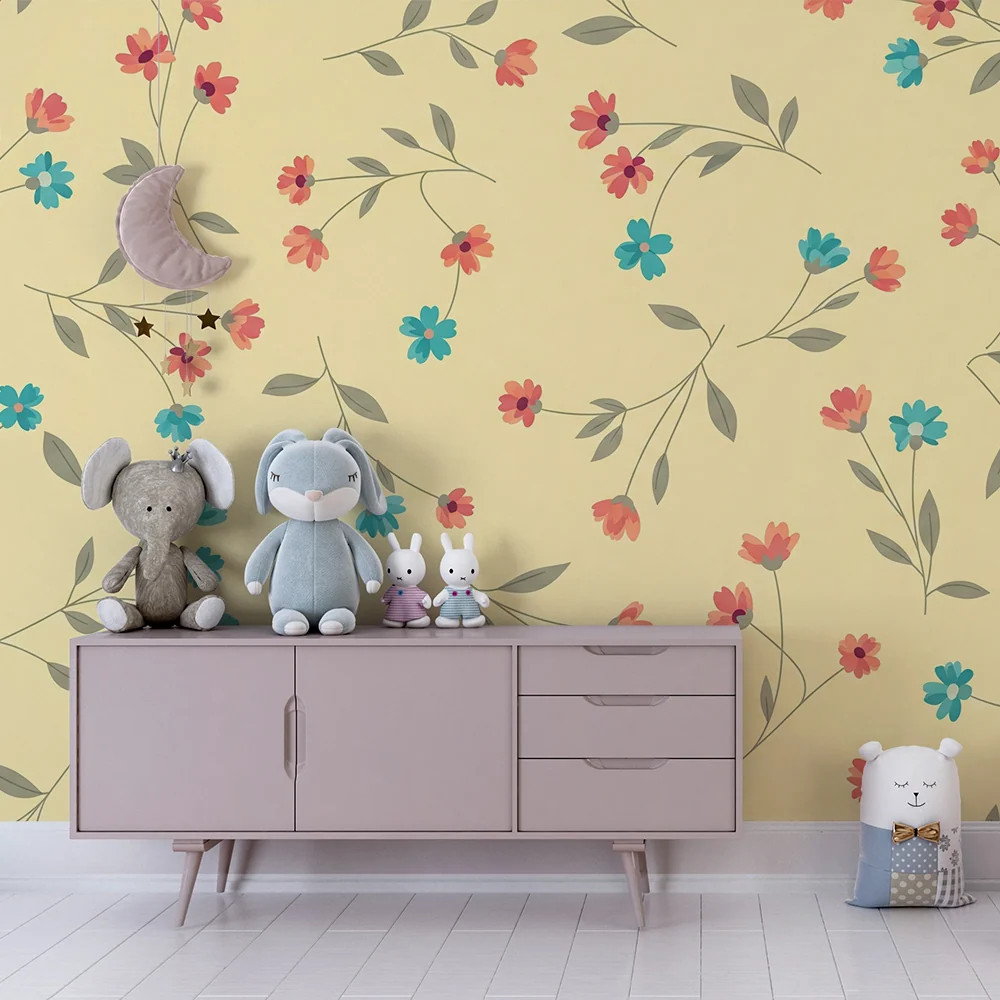 Barnetapet med blomster | Blomster på myk gul bakgrunn